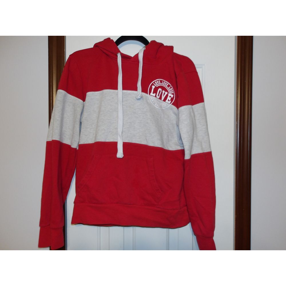 Reflex Red & Gray Color Block LOVE Hoodie Sweatshirt Casual Sporty Pullover